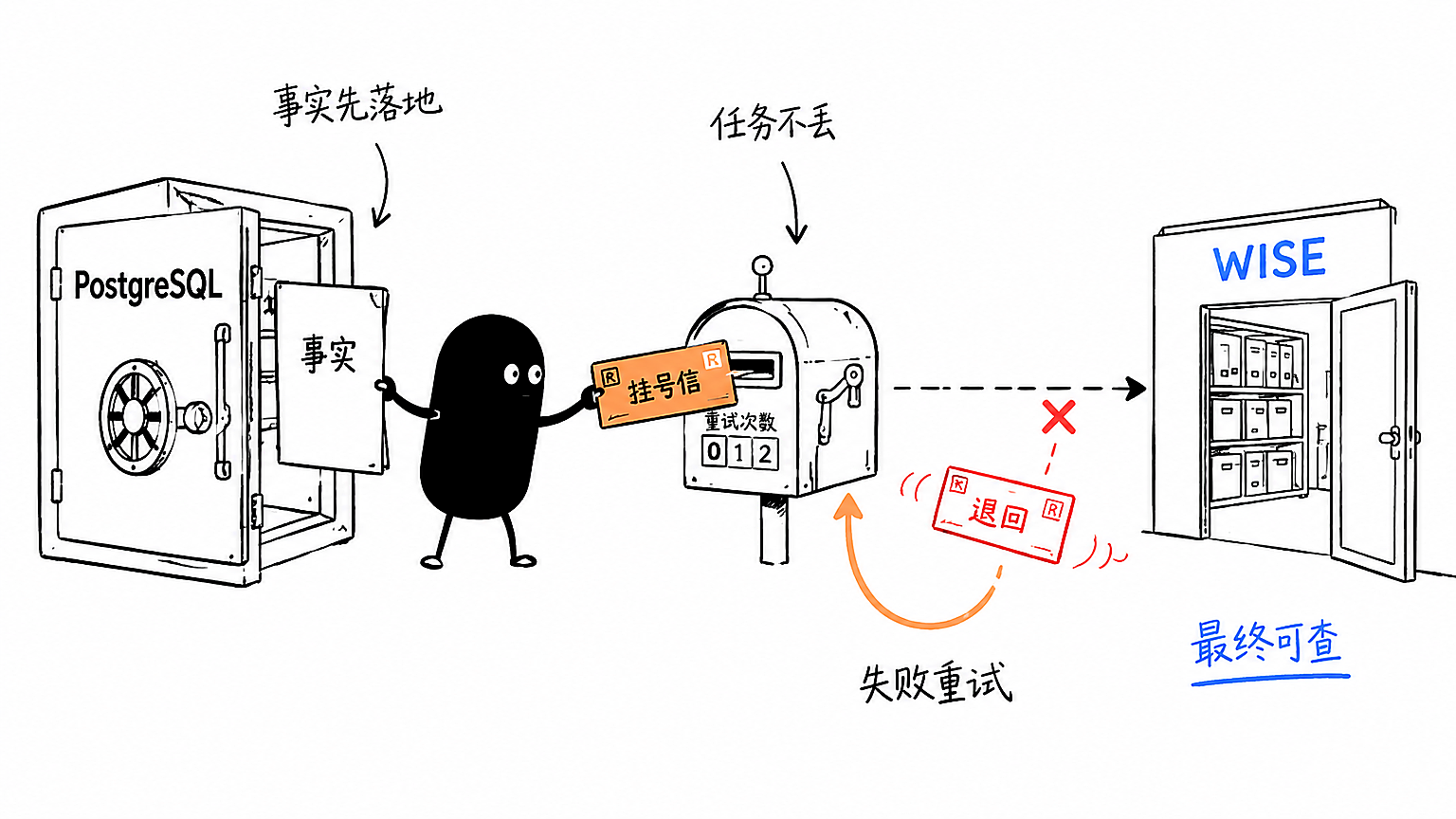 小黑把事实留在 PostgreSQL,同时把可重试任务单投入 Outbox 邮筒